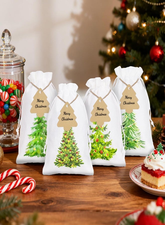 G2PLUS 24Pcs Christmas Drawstring Burlap Gift Bags - 5X7 In Christmas Advent Calendar Bags, 4 Design Xmas Tree Burlap Bag, White Treat Goody Bag for Xmas Holiday Party Favors - Image 5